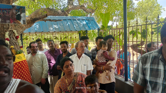 Devotees gathered under the sacred tree for the temple festival